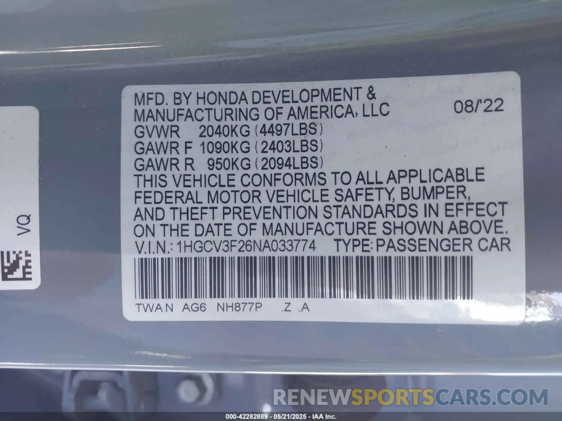 9 Photograph of a damaged car 1HGCV3F26NA033774 HONDA ACCORD 2022