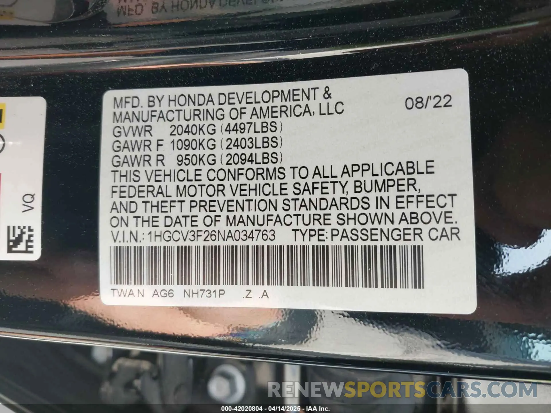 9 Photograph of a damaged car 1HGCV3F26NA034763 HONDA ACCORD 2022