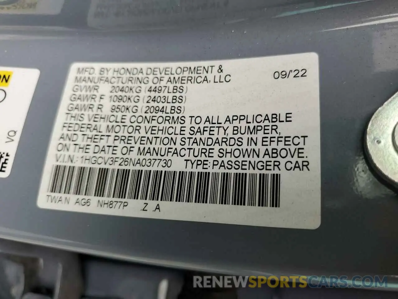 12 Photograph of a damaged car 1HGCV3F26NA037730 HONDA ACCORD 2022