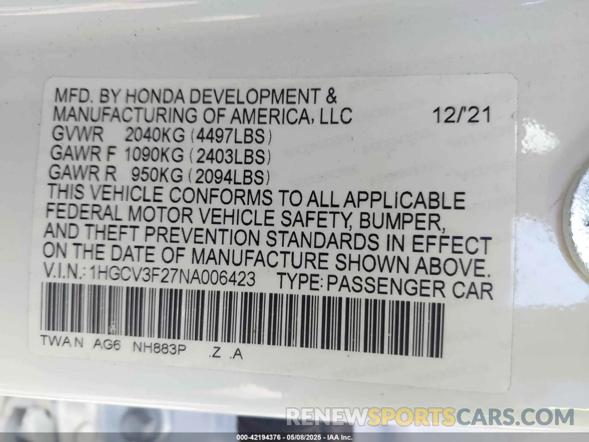 9 Photograph of a damaged car 1HGCV3F27NA006423 HONDA ACCORD 2022