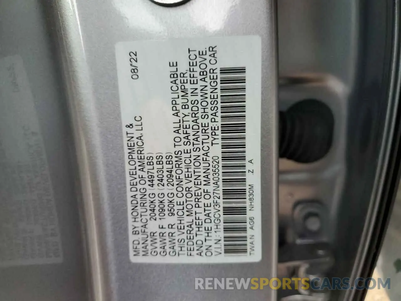 12 Photograph of a damaged car 1HGCV3F27NA035520 HONDA ACCORD 2022