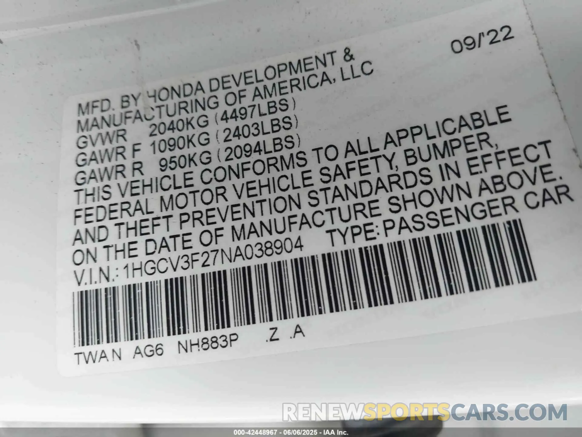 9 Photograph of a damaged car 1HGCV3F27NA038904 HONDA ACCORD 2022