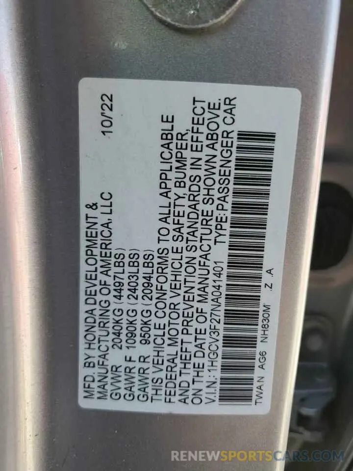 12 Photograph of a damaged car 1HGCV3F27NA041401 HONDA ACCORD 2022