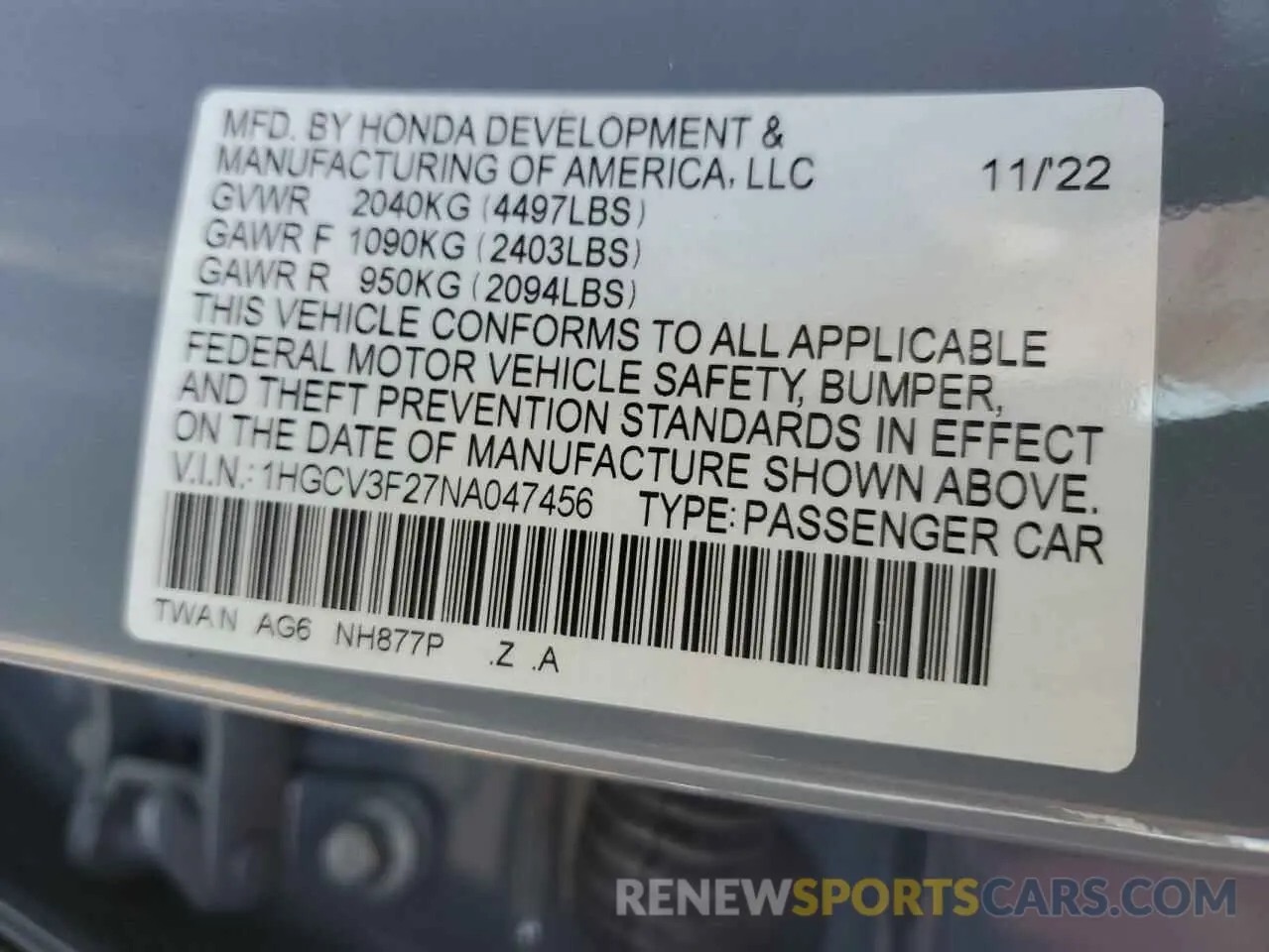 12 Photograph of a damaged car 1HGCV3F27NA047456 HONDA ACCORD 2022