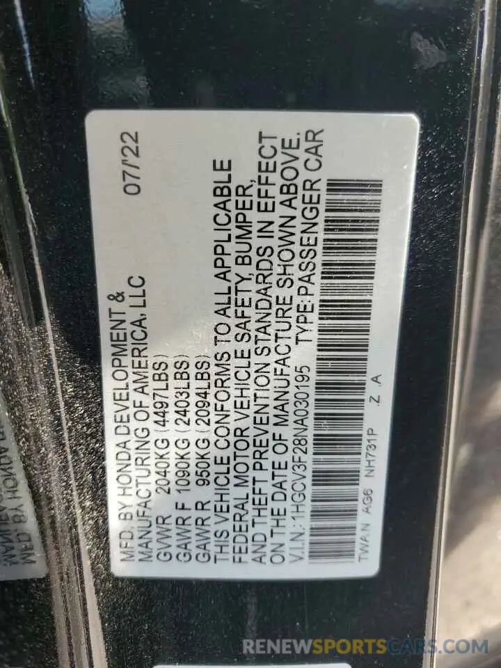 13 Photograph of a damaged car 1HGCV3F28NA030195 HONDA ACCORD 2022
