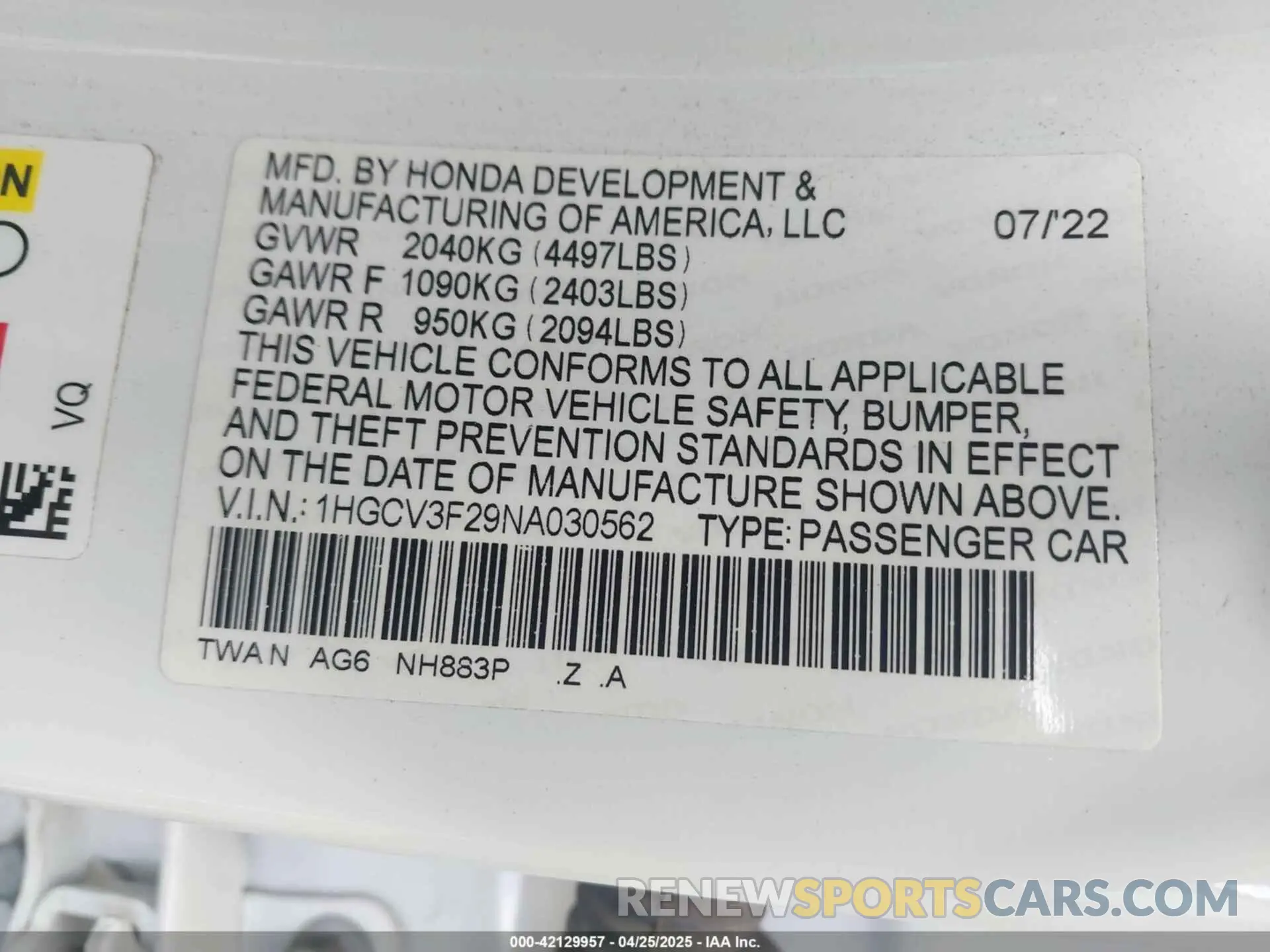 9 Photograph of a damaged car 1HGCV3F29NA030562 HONDA ACCORD 2022