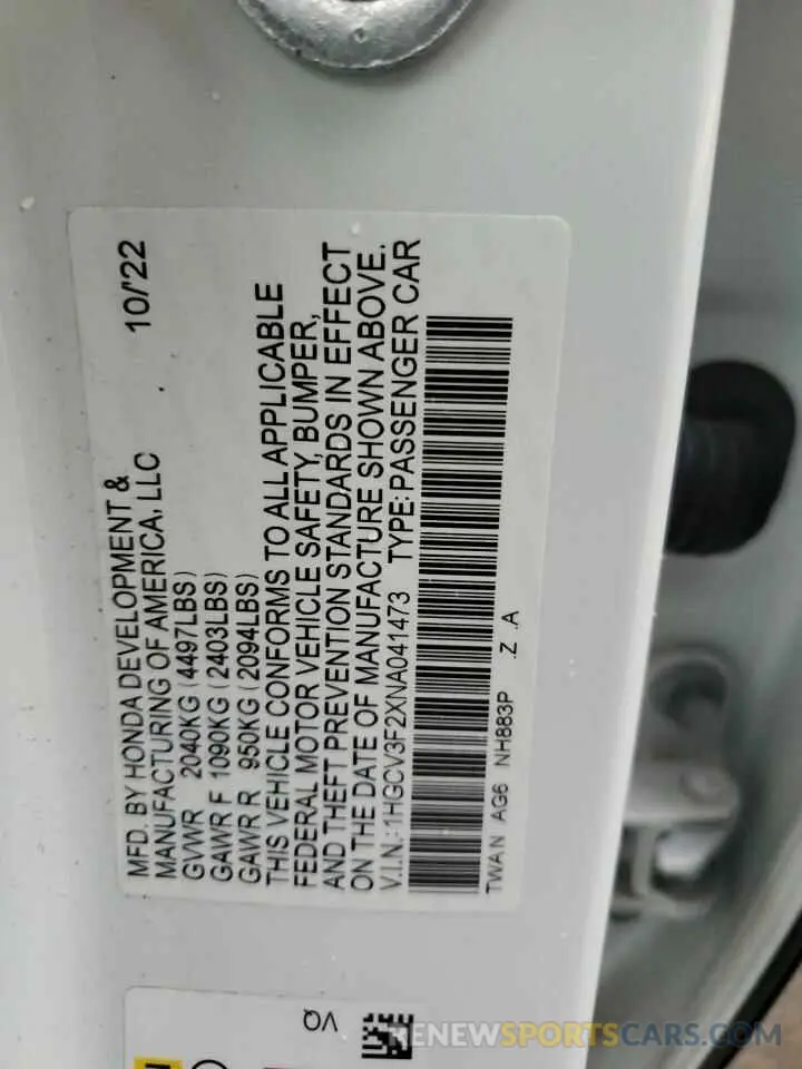 14 Photograph of a damaged car 1HGCV3F2XNA041473 HONDA ACCORD 2022