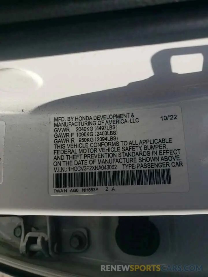 12 Photograph of a damaged car 1HGCV3F2XNA043062 HONDA ACCORD 2022