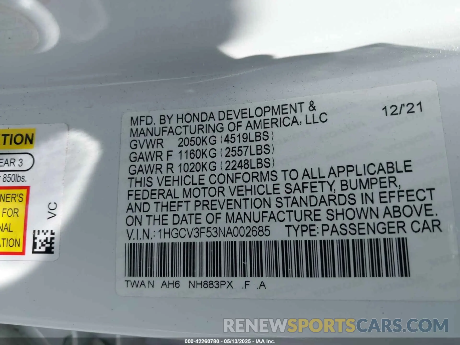 9 Photograph of a damaged car 1HGCV3F53NA002685 HONDA ACCORD 2022