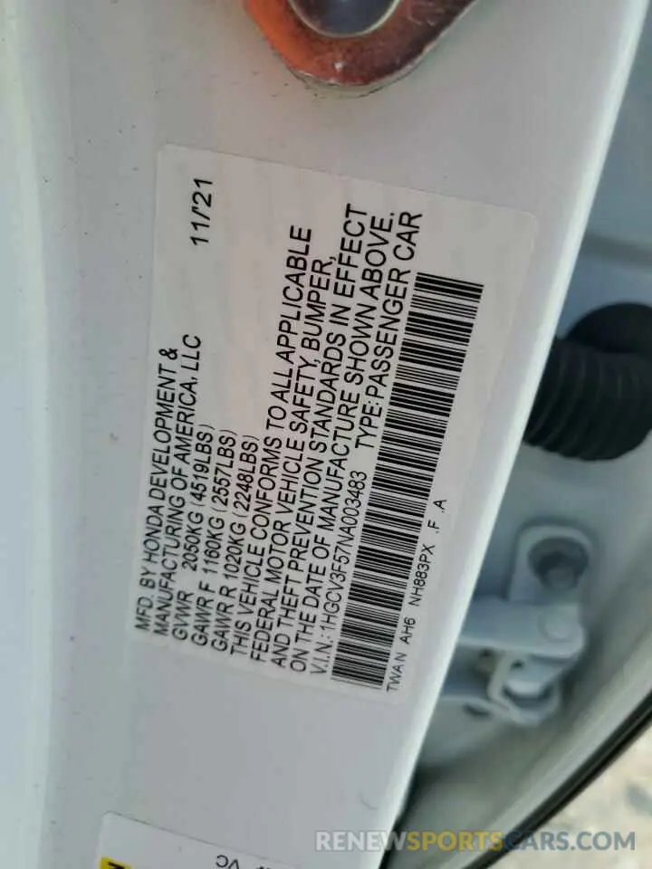 12 Photograph of a damaged car 1HGCV3F57NA003483 HONDA ACCORD 2022