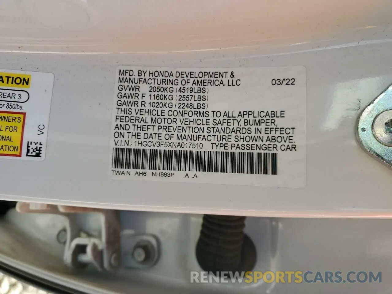 15 Photograph of a damaged car 1HGCV3F5XNA017510 HONDA ACCORD 2022