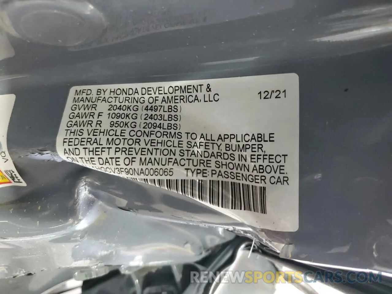 12 Photograph of a damaged car 1HGCV3F90NA006065 HONDA ACCORD 2022