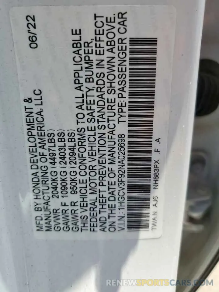 13 Photograph of a damaged car 1HGCV3F92NA025698 HONDA ACCORD 2022