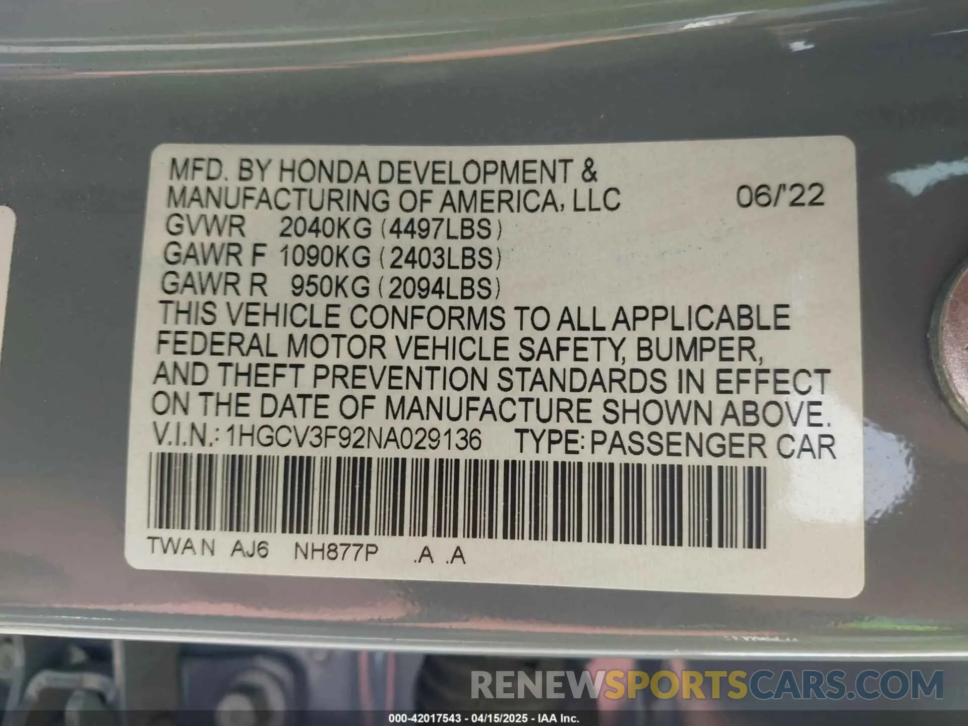 9 Photograph of a damaged car 1HGCV3F92NA029136 HONDA ACCORD 2022