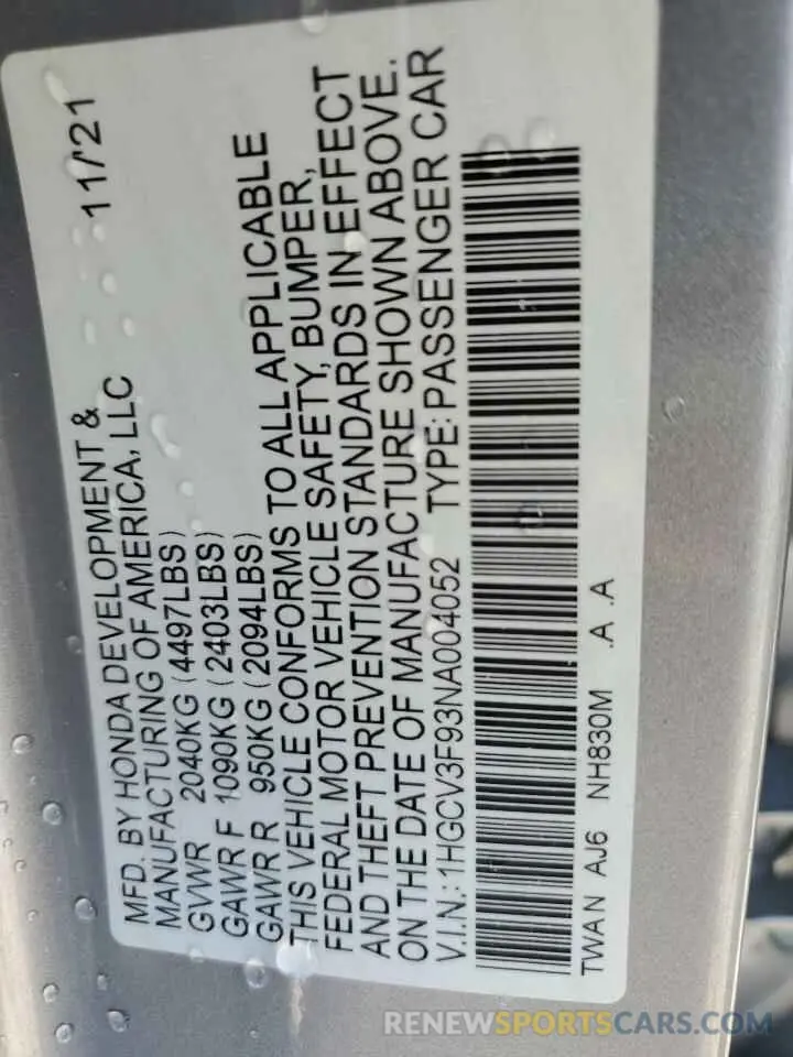 13 Photograph of a damaged car 1HGCV3F93NA004052 HONDA ACCORD 2022