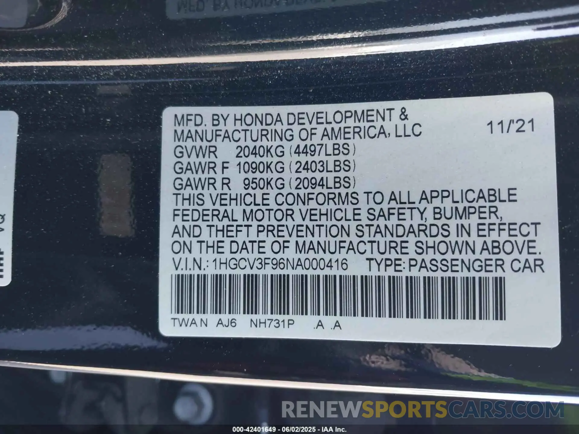 9 Photograph of a damaged car 1HGCV3F96NA000416 HONDA ACCORD 2022