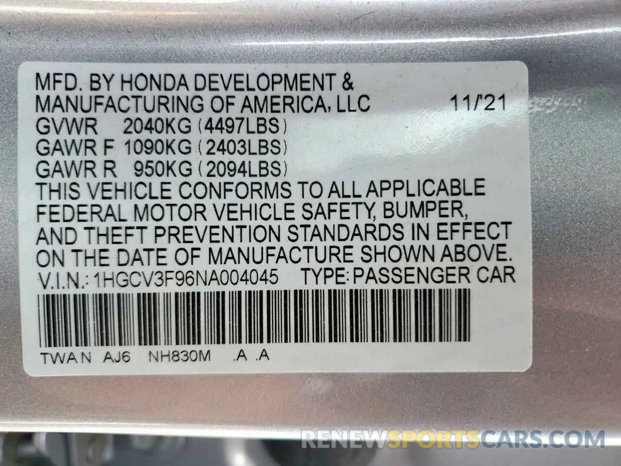 12 Photograph of a damaged car 1HGCV3F96NA004045 HONDA ACCORD 2022