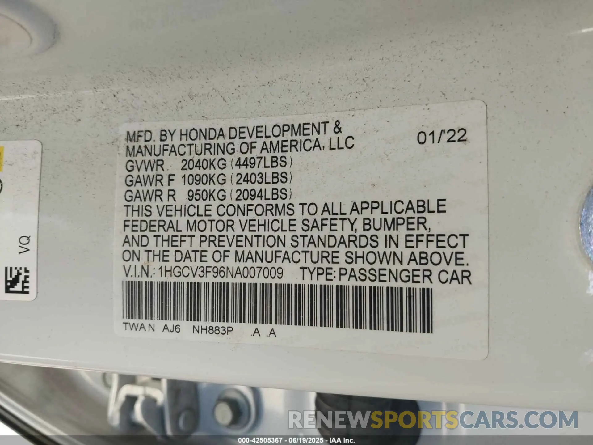 9 Photograph of a damaged car 1HGCV3F96NA007009 HONDA ACCORD 2022