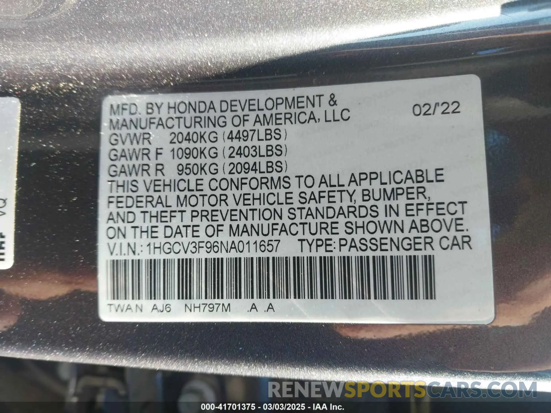 9 Photograph of a damaged car 1HGCV3F96NA011657 HONDA ACCORD 2022