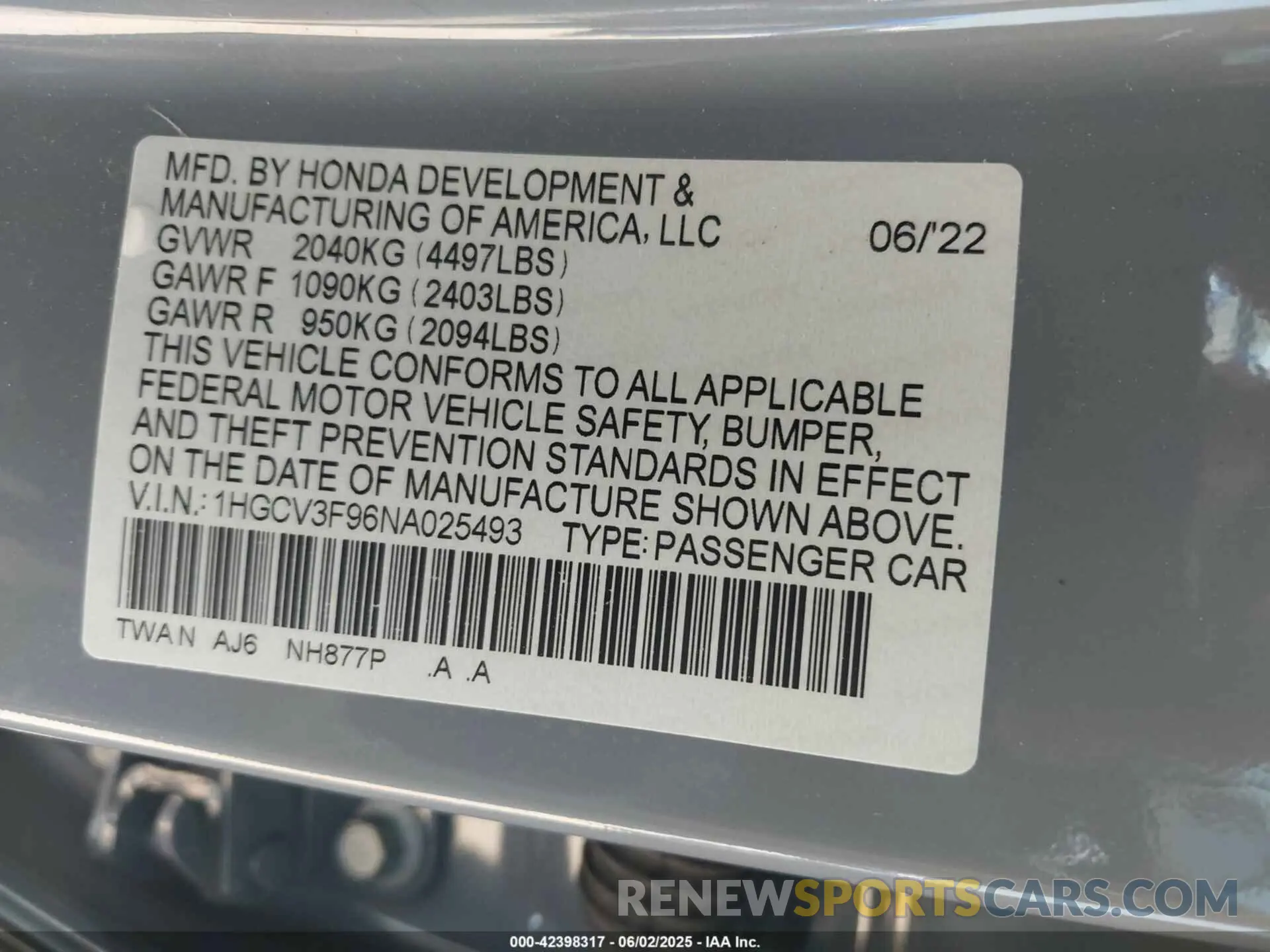 9 Photograph of a damaged car 1HGCV3F96NA025493 HONDA ACCORD 2022
