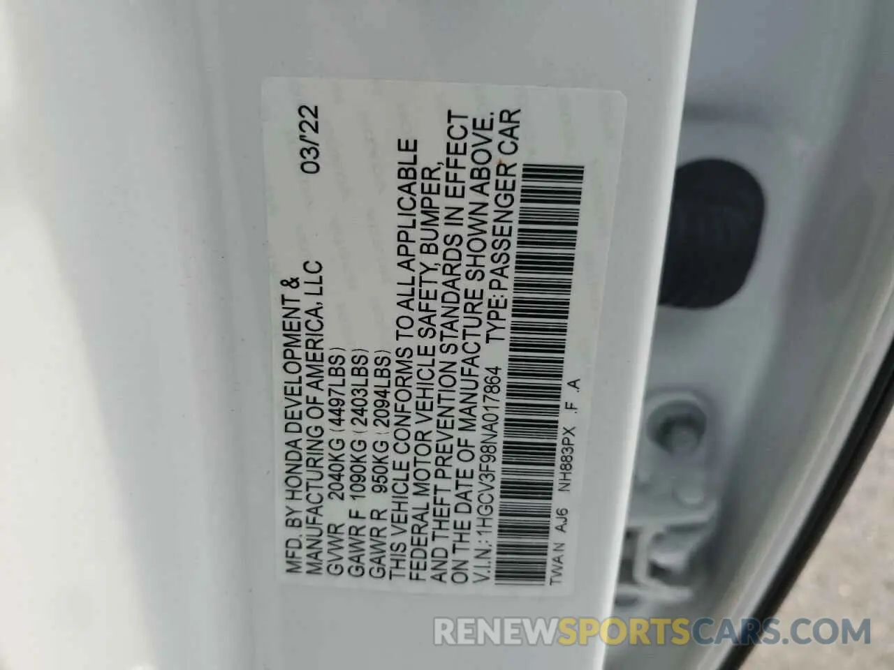 12 Photograph of a damaged car 1HGCV3F98NA017864 HONDA ACCORD 2022