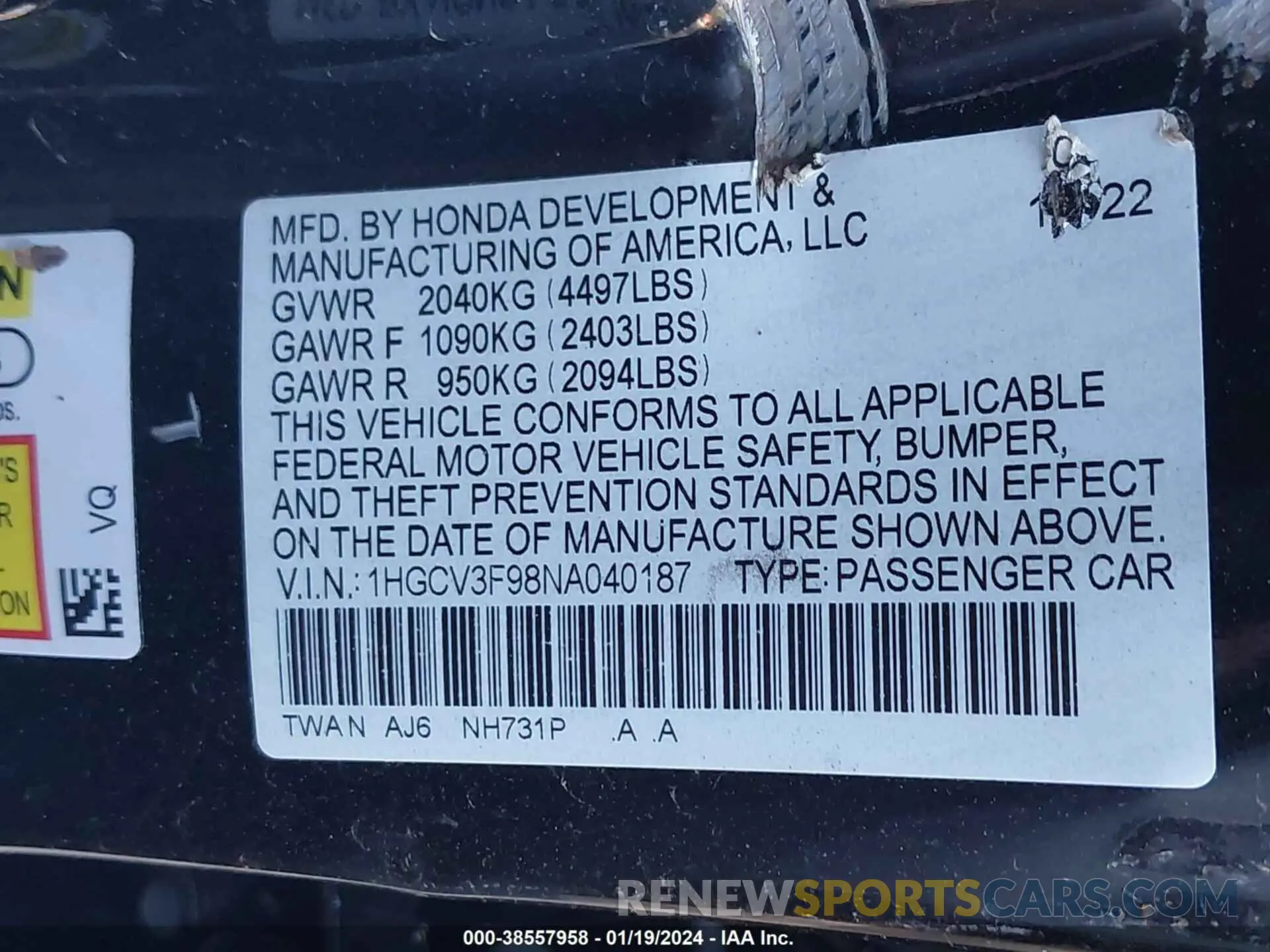 9 Photograph of a damaged car 1HGCV3F98NA040187 HONDA ACCORD 2022
