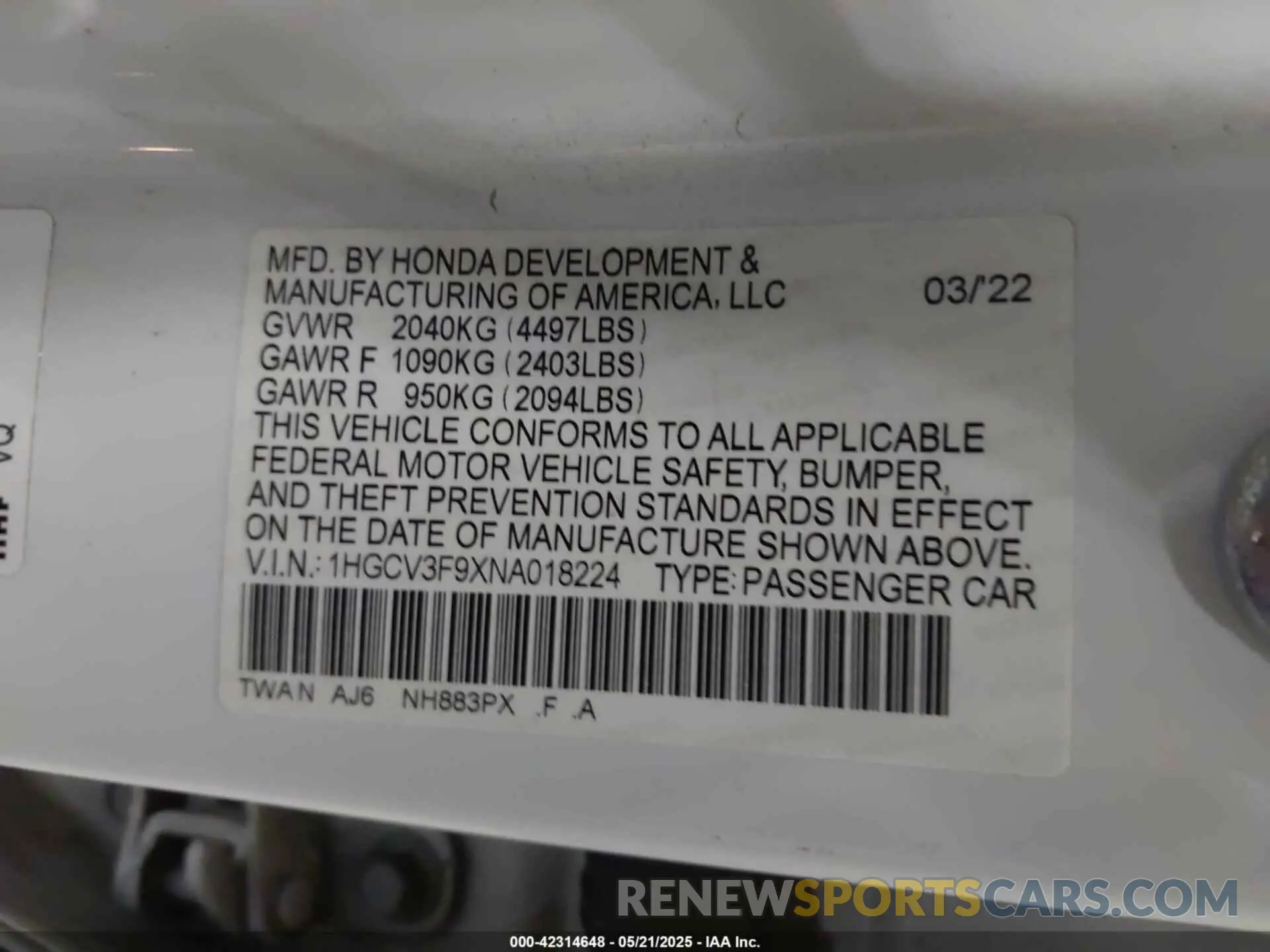 9 Photograph of a damaged car 1HGCV3F9XNA018224 HONDA ACCORD 2022
