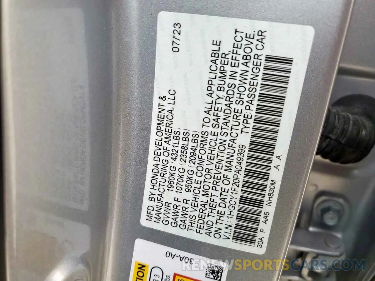 13 Photograph of a damaged car 1HGCY1F20PA049399 HONDA ACCORD 2023