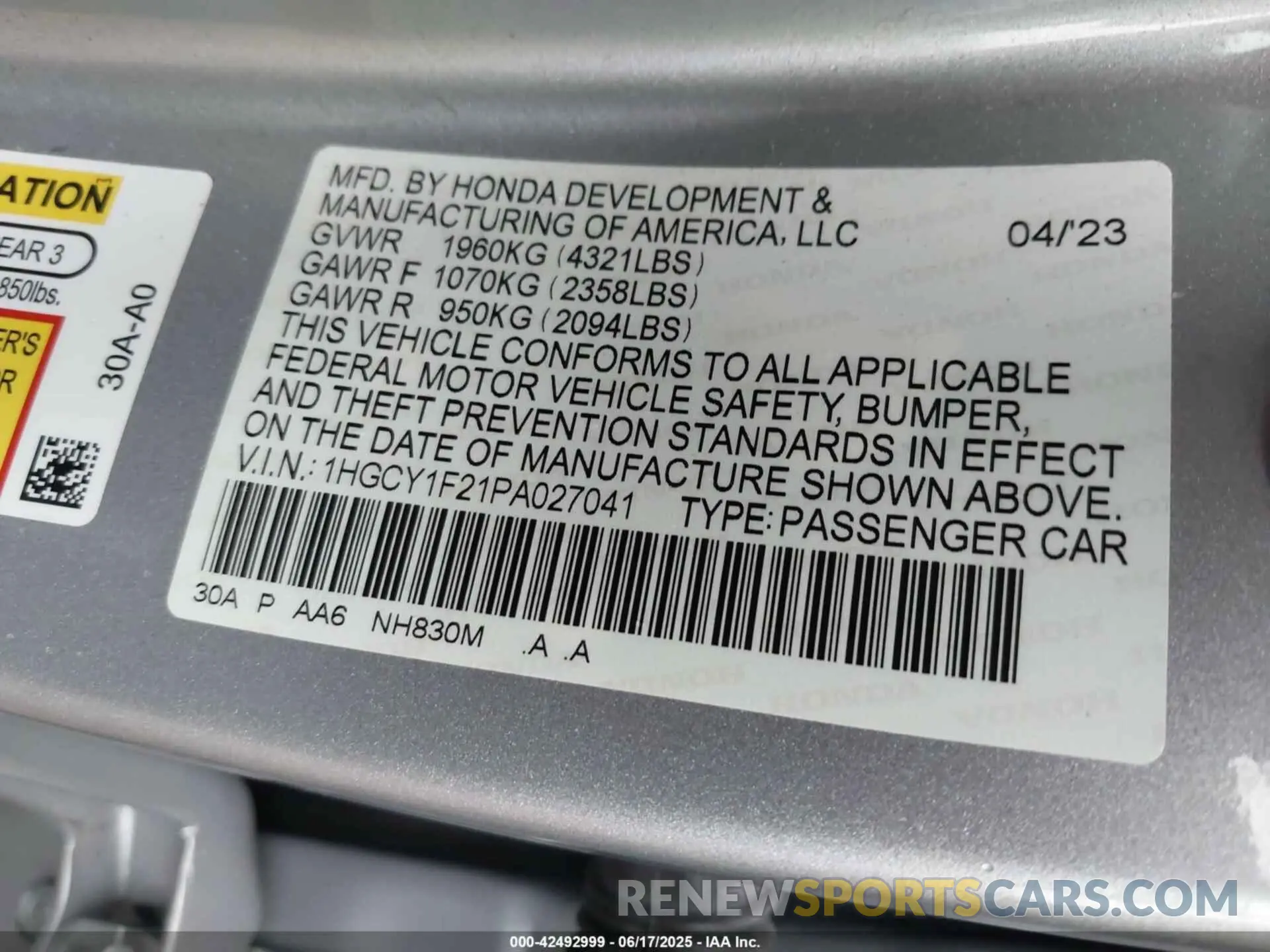 9 Photograph of a damaged car 1HGCY1F21PA027041 HONDA ACCORD 2023