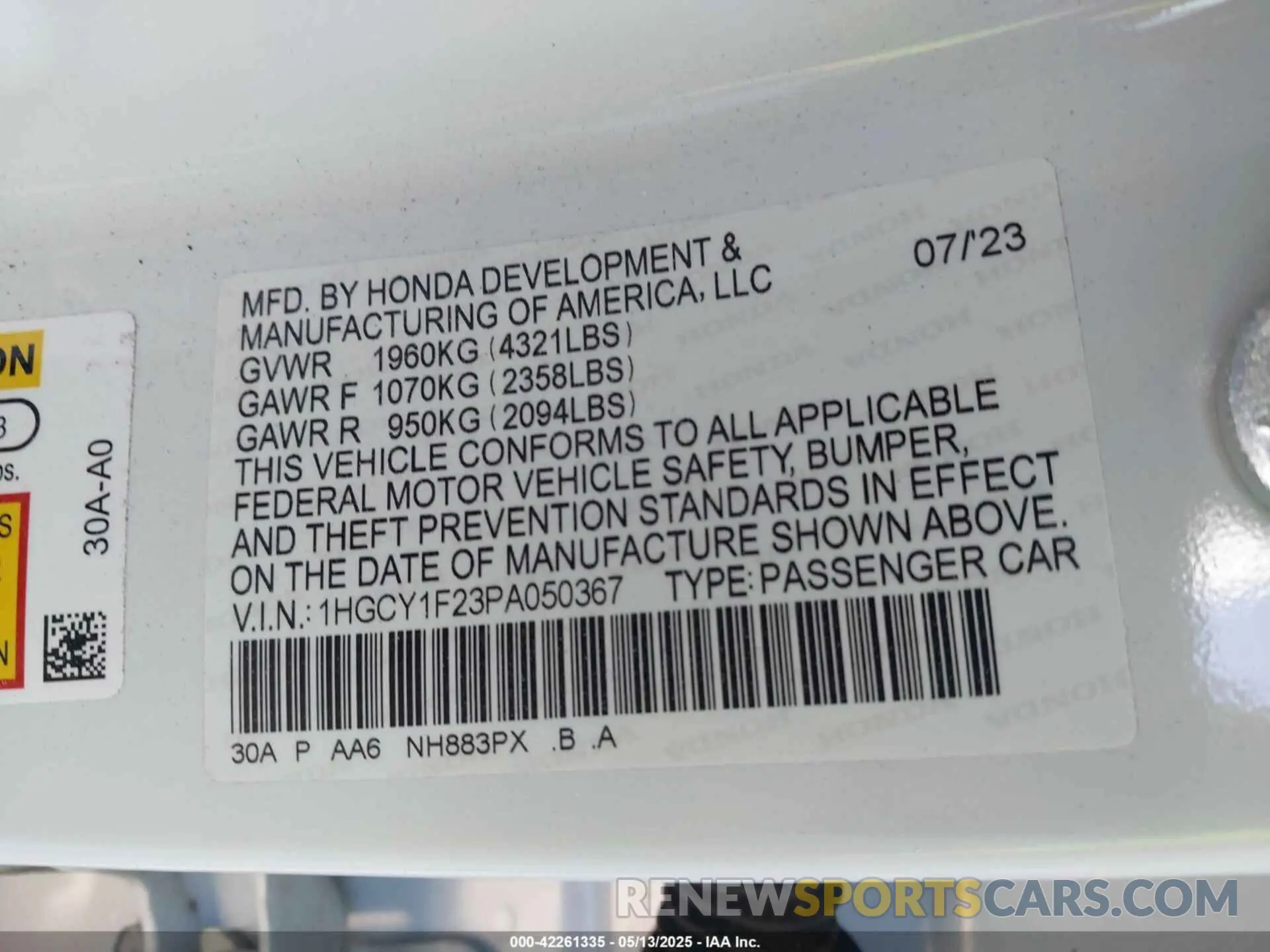9 Photograph of a damaged car 1HGCY1F23PA050367 HONDA ACCORD 2023