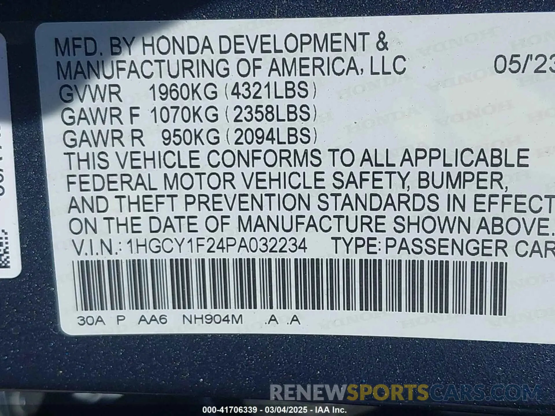 9 Photograph of a damaged car 1HGCY1F24PA032234 HONDA ACCORD 2023