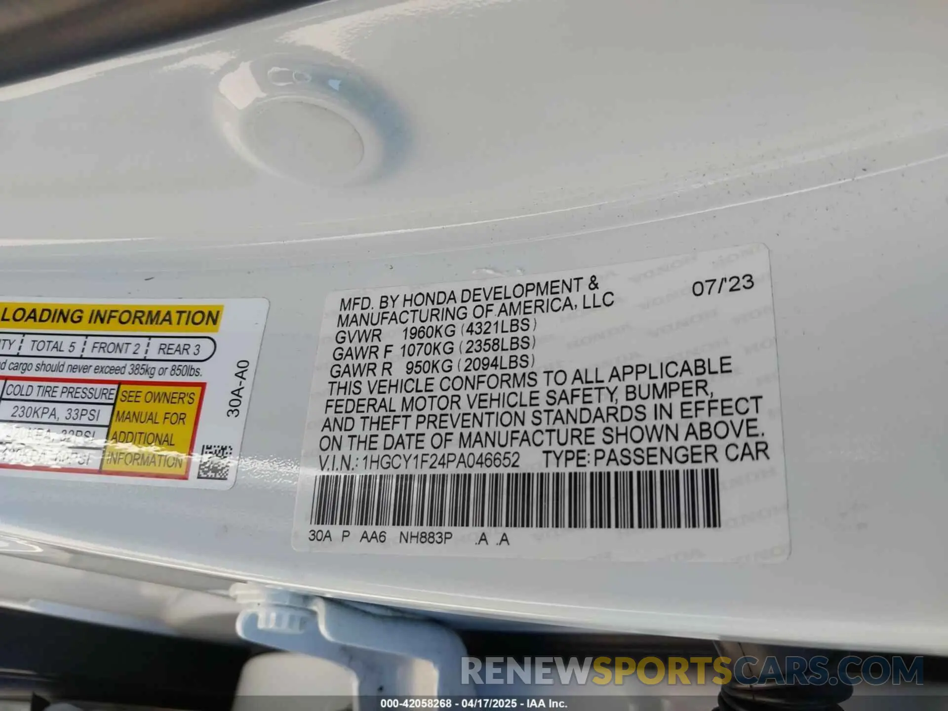 9 Photograph of a damaged car 1HGCY1F24PA046652 HONDA ACCORD 2023