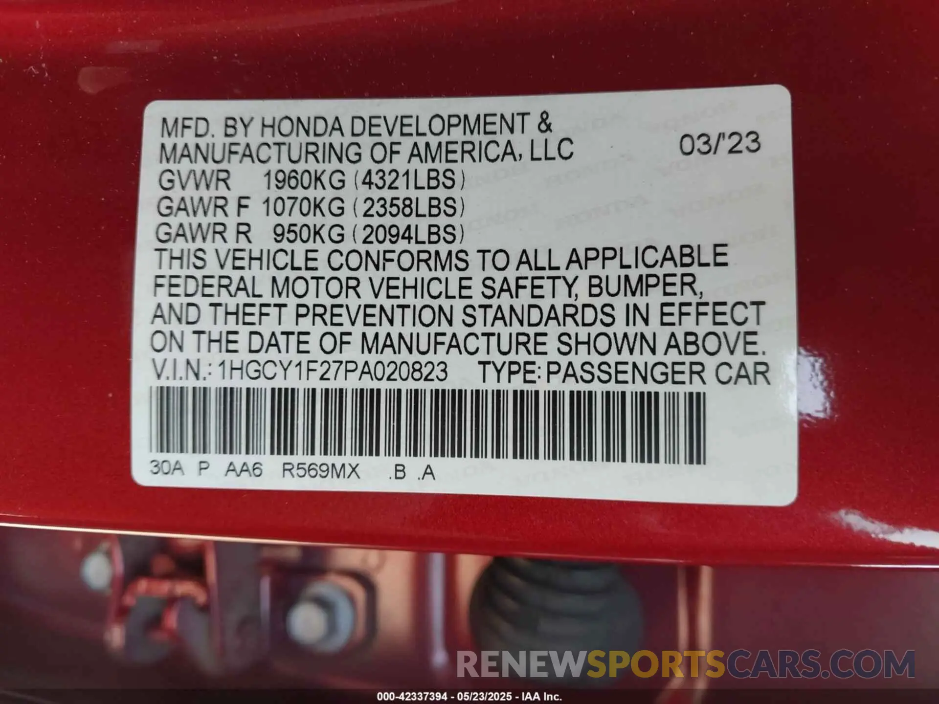 9 Photograph of a damaged car 1HGCY1F27PA020823 HONDA ACCORD 2023