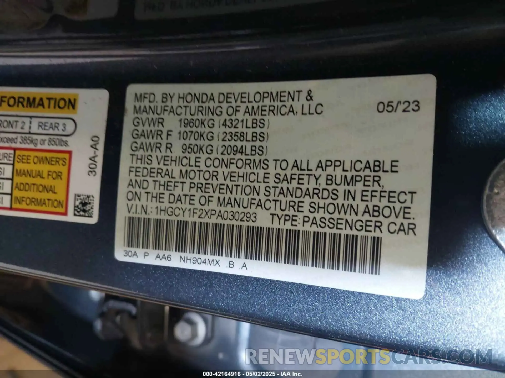 9 Photograph of a damaged car 1HGCY1F2XPA030293 HONDA ACCORD 2023