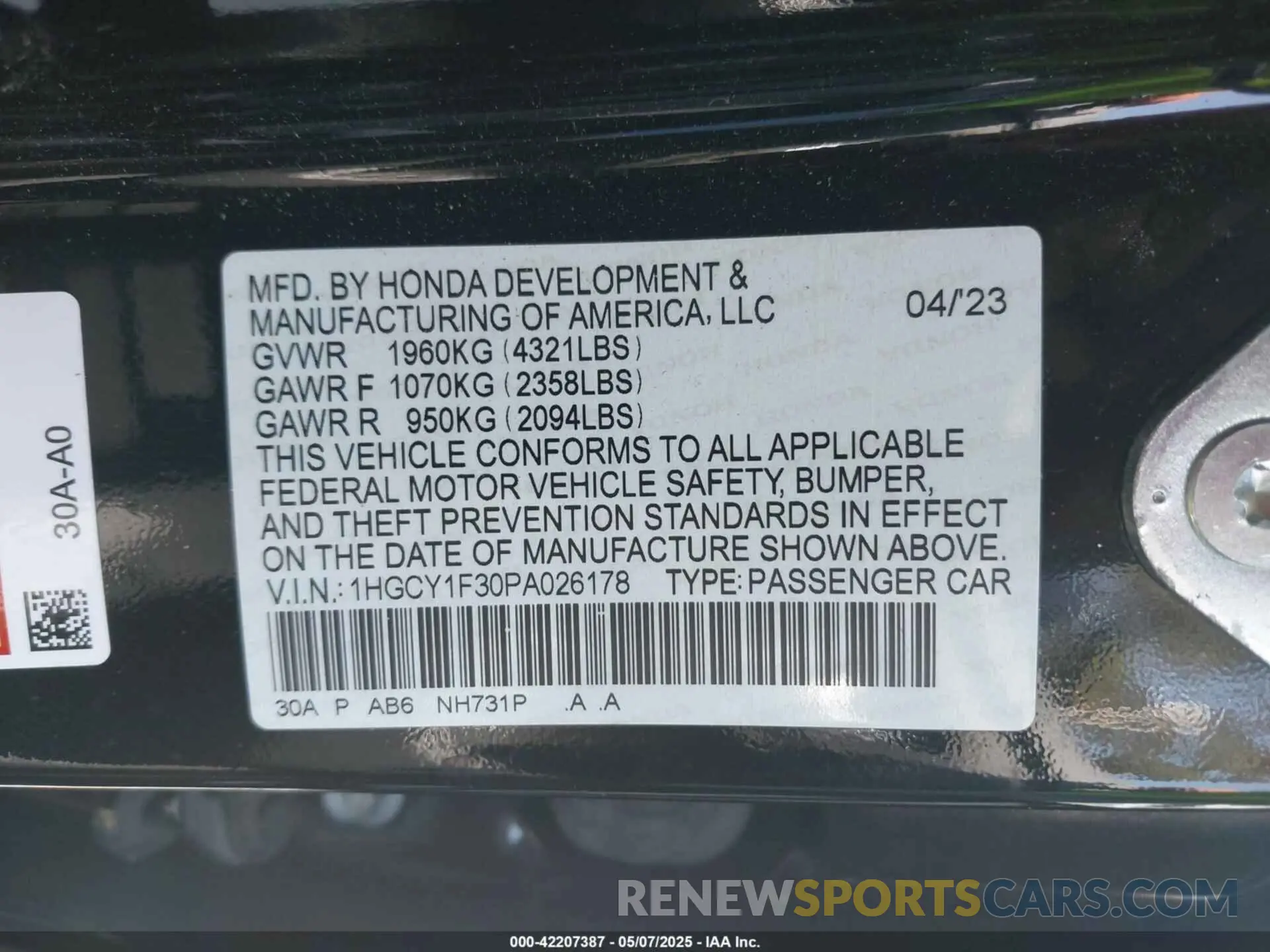 9 Photograph of a damaged car 1HGCY1F30PA026178 HONDA ACCORD 2023