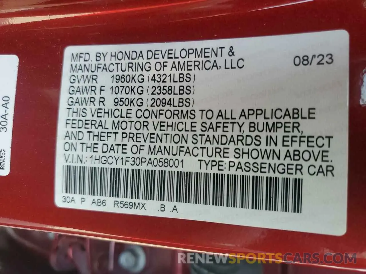 13 Photograph of a damaged car 1HGCY1F30PA058001 HONDA ACCORD 2023