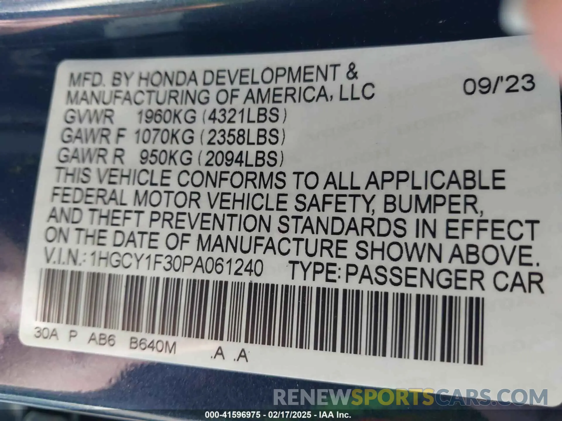 9 Photograph of a damaged car 1HGCY1F30PA061240 HONDA ACCORD 2023