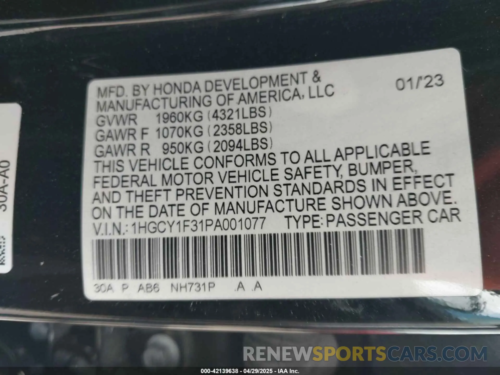 9 Photograph of a damaged car 1HGCY1F31PA001077 HONDA ACCORD 2023