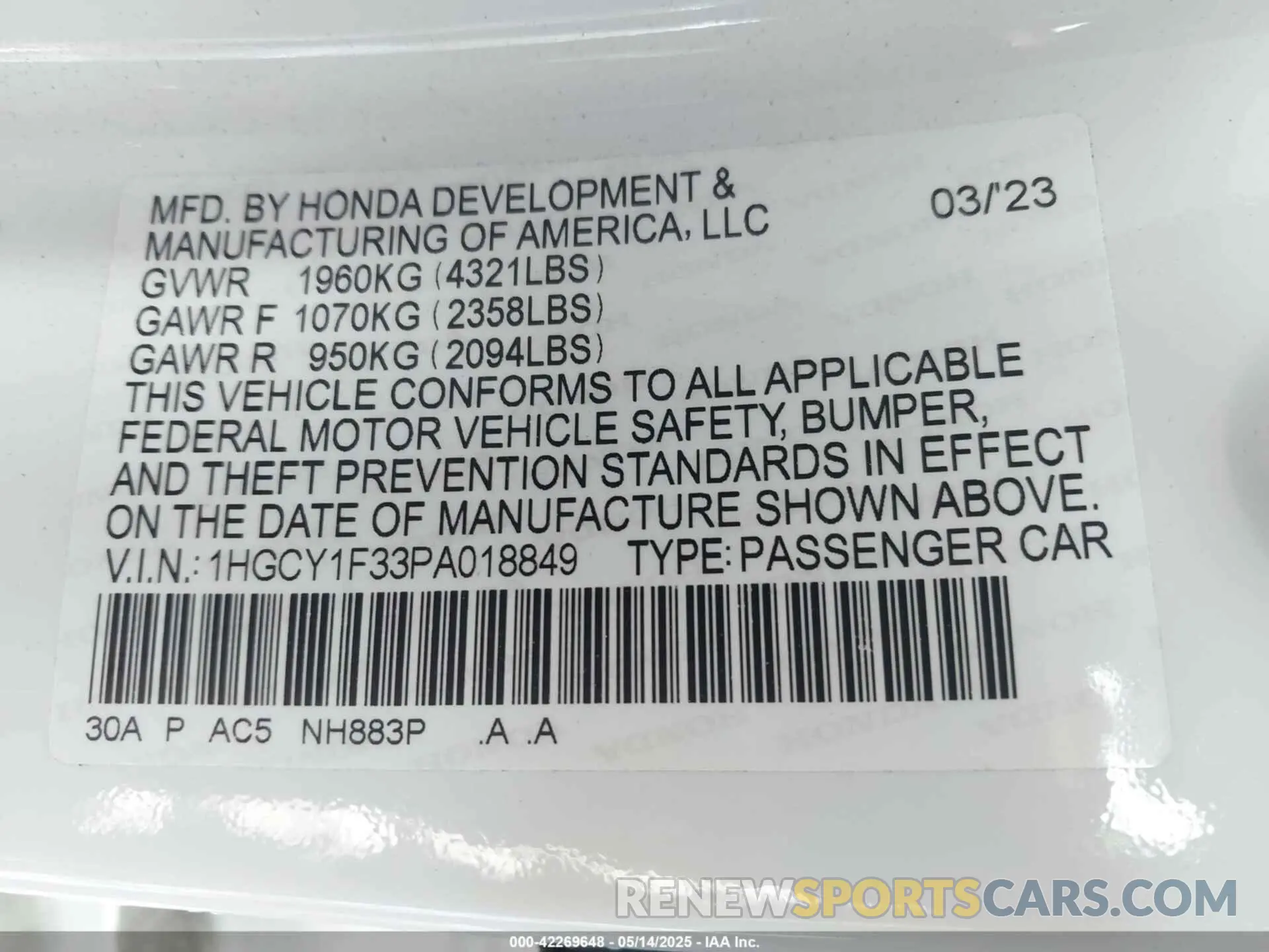 9 Photograph of a damaged car 1HGCY1F33PA018849 HONDA ACCORD 2023
