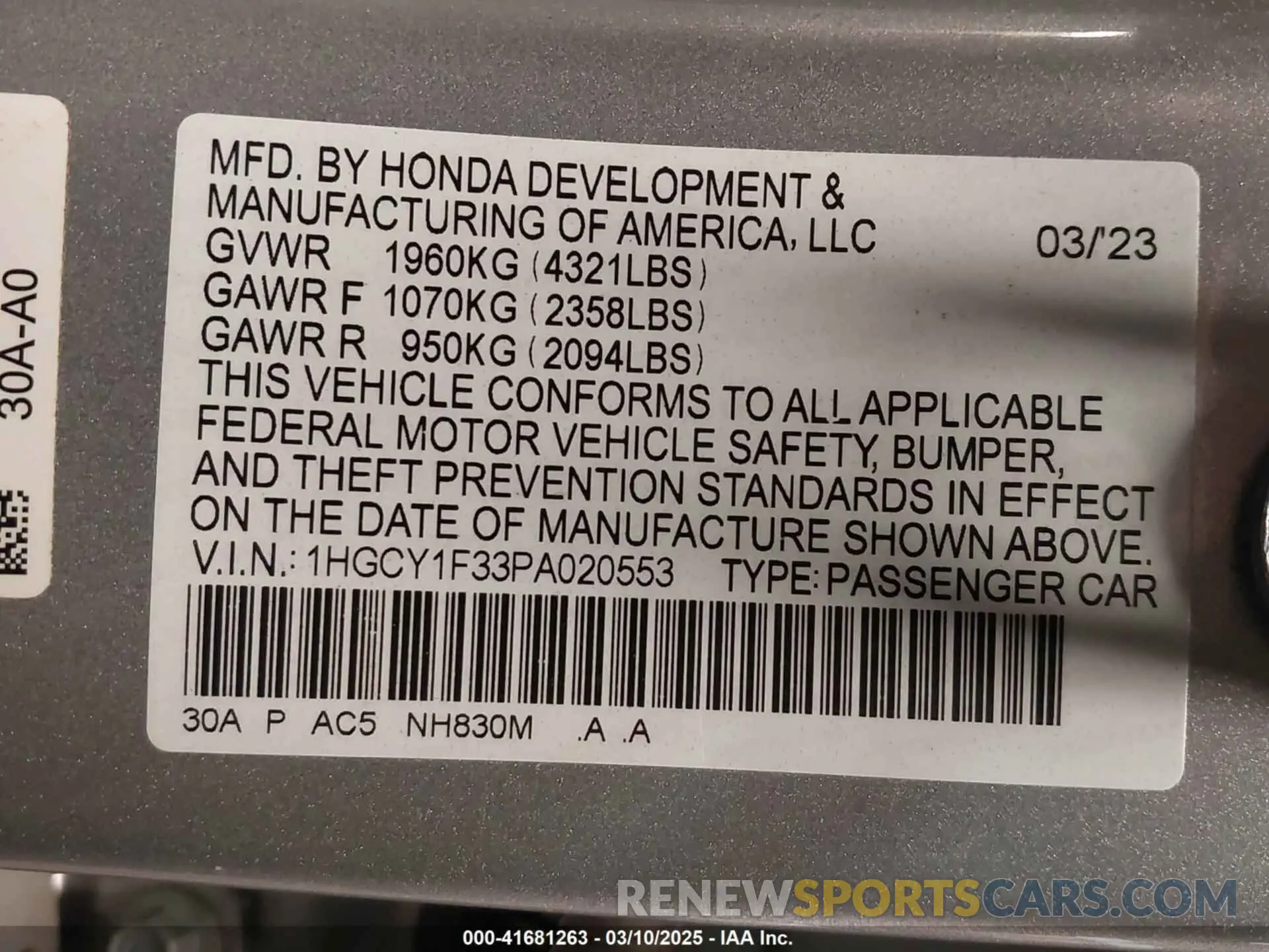 9 Photograph of a damaged car 1HGCY1F33PA020553 HONDA ACCORD 2023