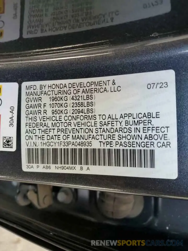 12 Photograph of a damaged car 1HGCY1F33PA048935 HONDA ACCORD 2023