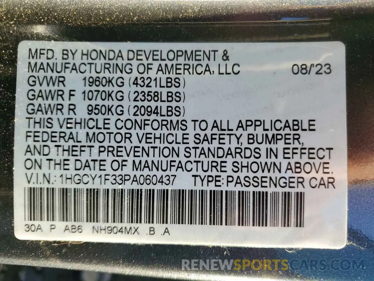 14 Photograph of a damaged car 1HGCY1F33PA060437 HONDA ACCORD 2023
