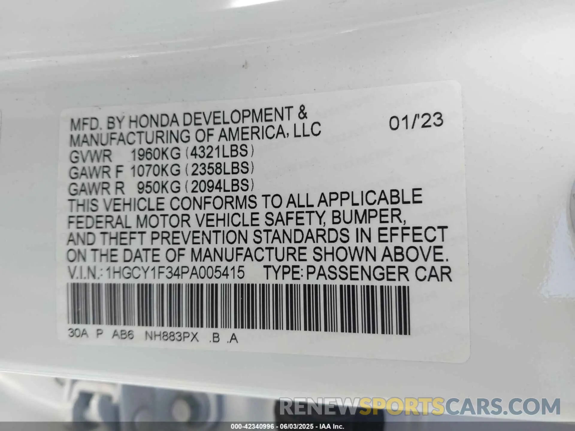 9 Photograph of a damaged car 1HGCY1F34PA005415 HONDA ACCORD 2023