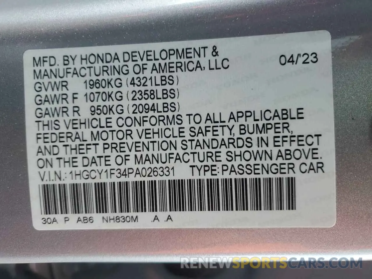 12 Photograph of a damaged car 1HGCY1F34PA026331 HONDA ACCORD 2023