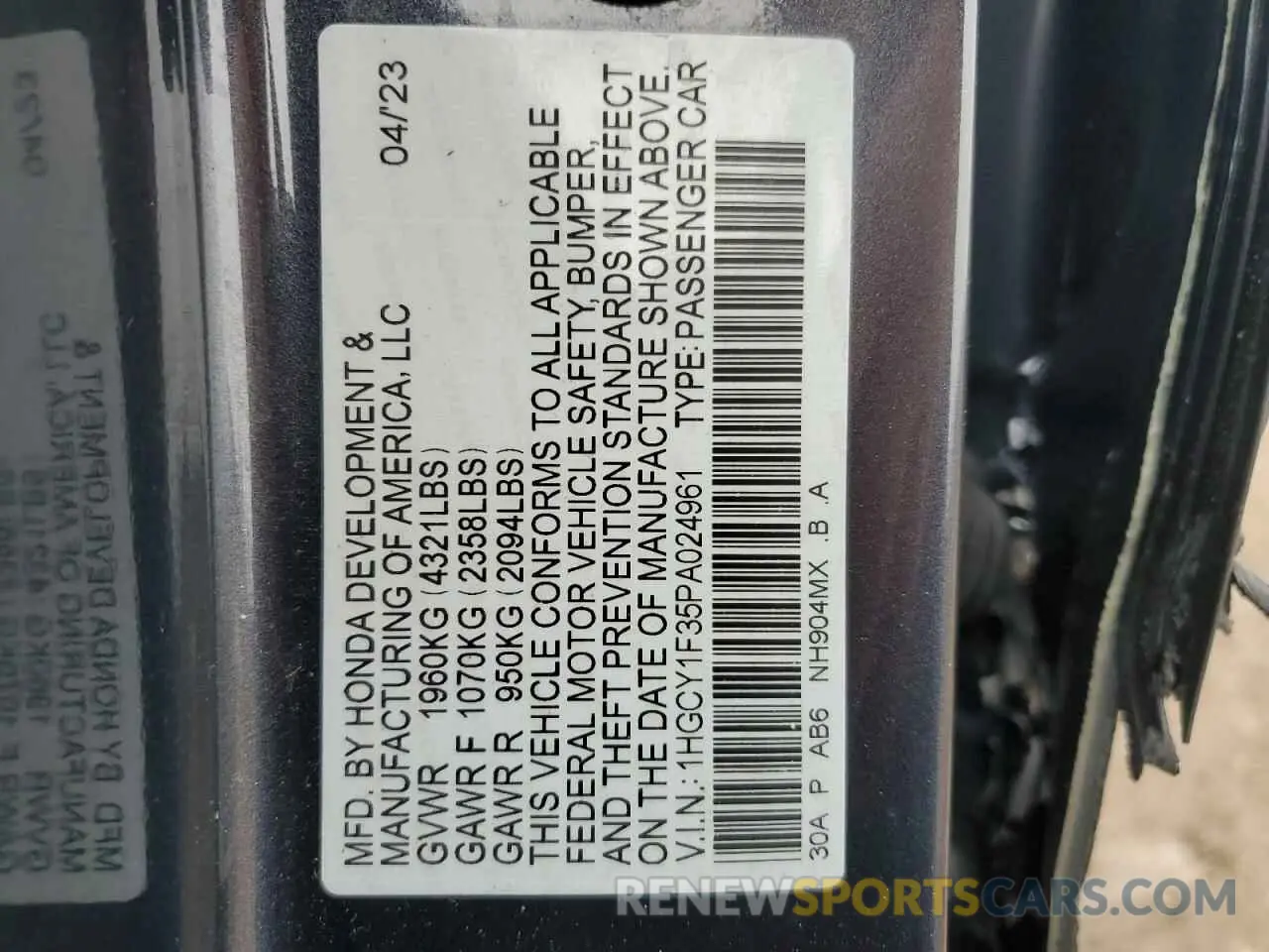 14 Photograph of a damaged car 1HGCY1F35PA024961 HONDA ACCORD 2023