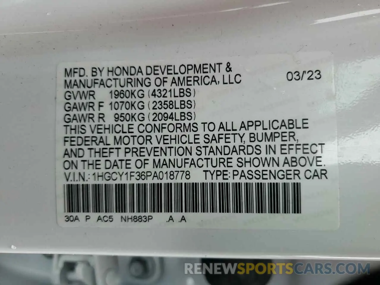 12 Photograph of a damaged car 1HGCY1F36PA018778 HONDA ACCORD 2023