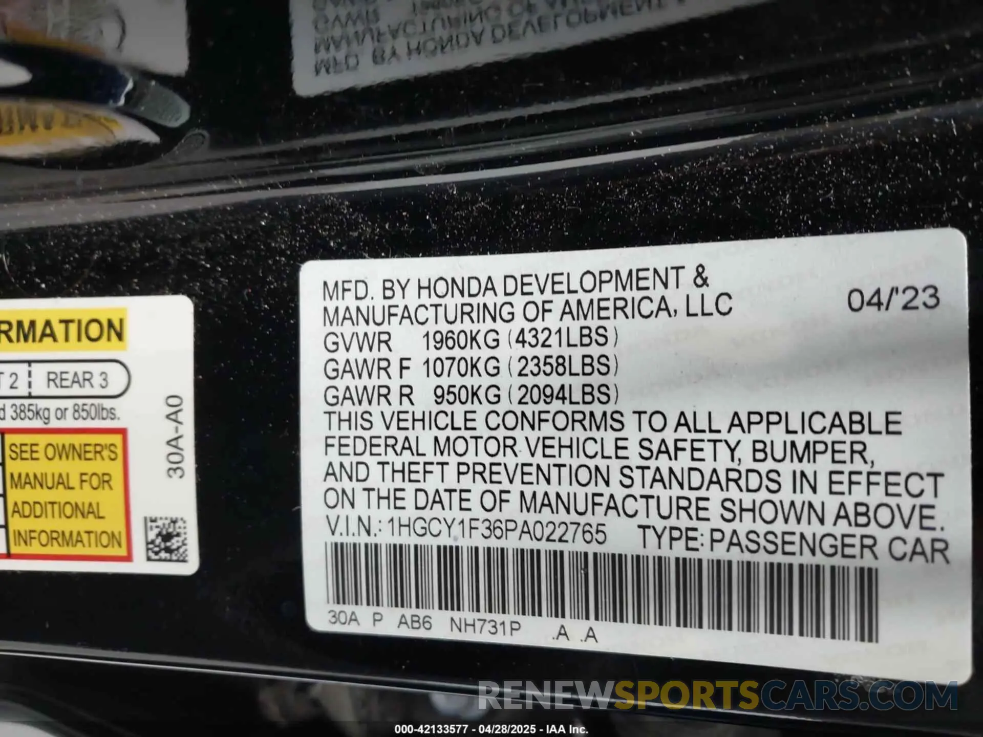 9 Photograph of a damaged car 1HGCY1F36PA022765 HONDA ACCORD 2023