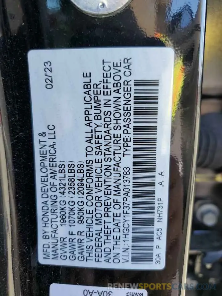 12 Photograph of a damaged car 1HGCY1F37PA013783 HONDA ACCORD 2023