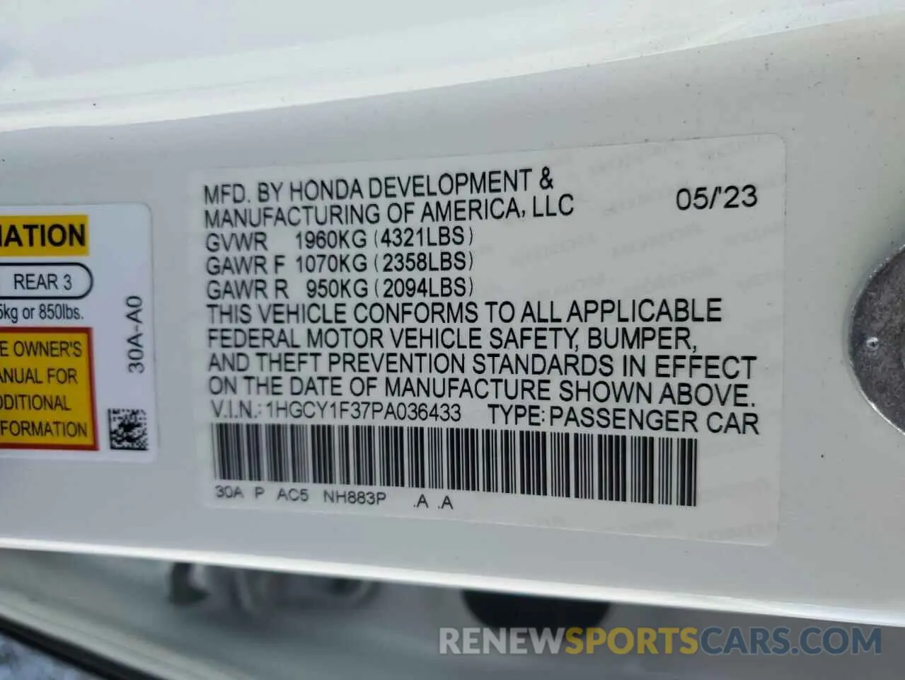 13 Photograph of a damaged car 1HGCY1F37PA036433 HONDA ACCORD 2023