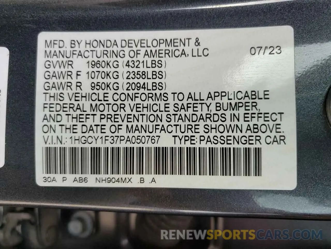 14 Photograph of a damaged car 1HGCY1F37PA050767 HONDA ACCORD 2023
